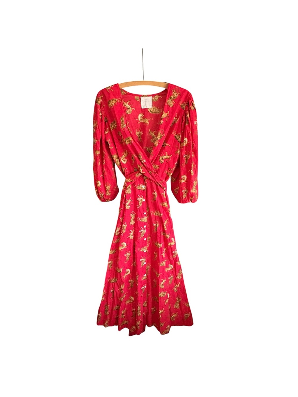 Guadalupe Monica Tiger Dress Red Cotton Midi Wrap Dress M